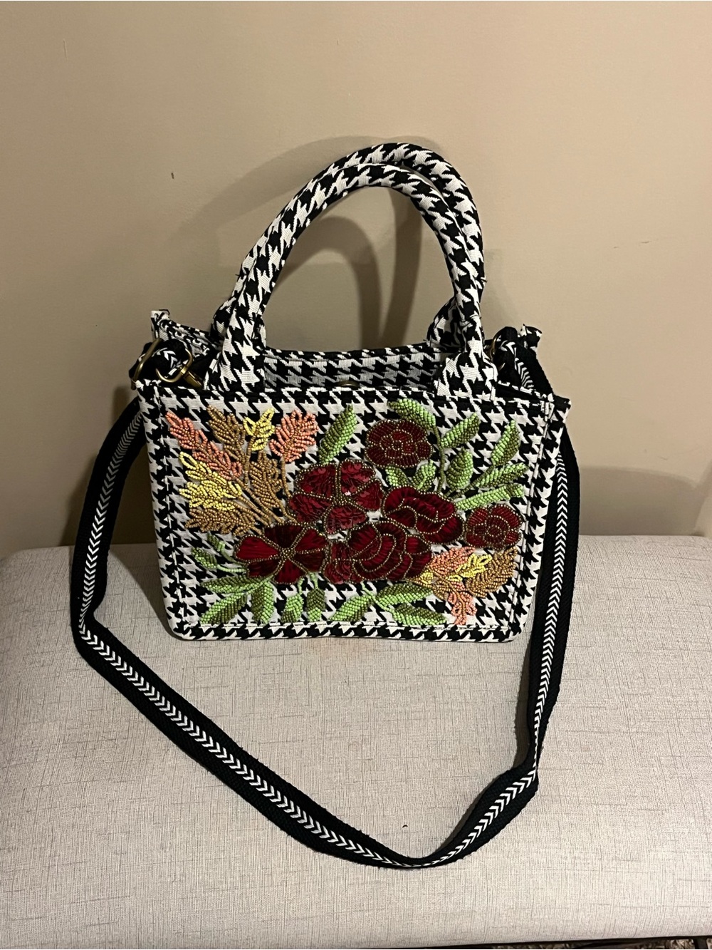 America & Beyond Houndstooth Floral Embroidered Small Tote Crossbody